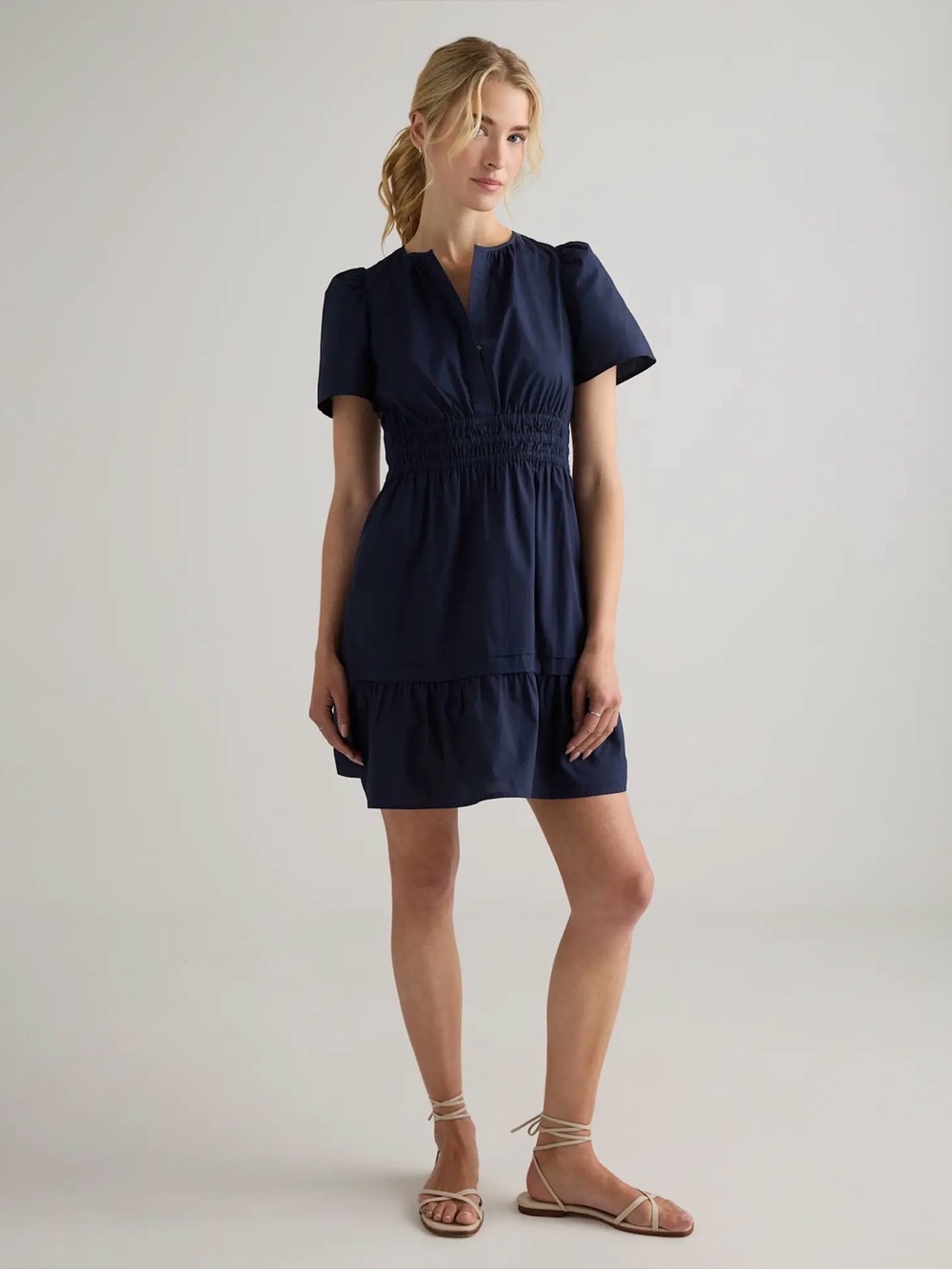 Quince $140 100% Organic Cotton Poplin Tiered Mini Dress Navy Blue - Size XL